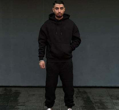 Men's Hoodie Track Suit - 2 Pcs Hooded Neck Polyester Set (Black)