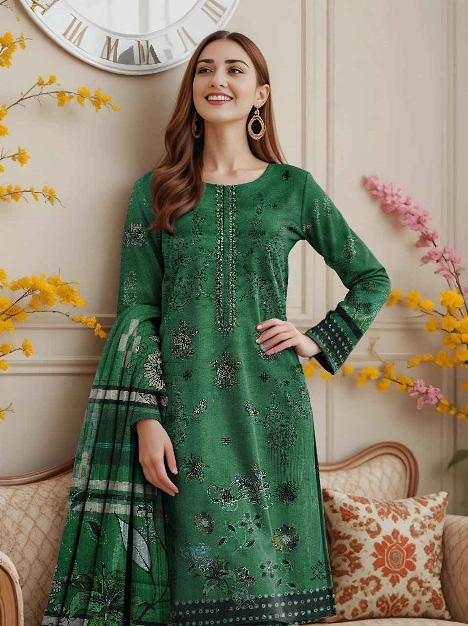 3 Pcs Women's Unstitched Printed Embroidered Suit
