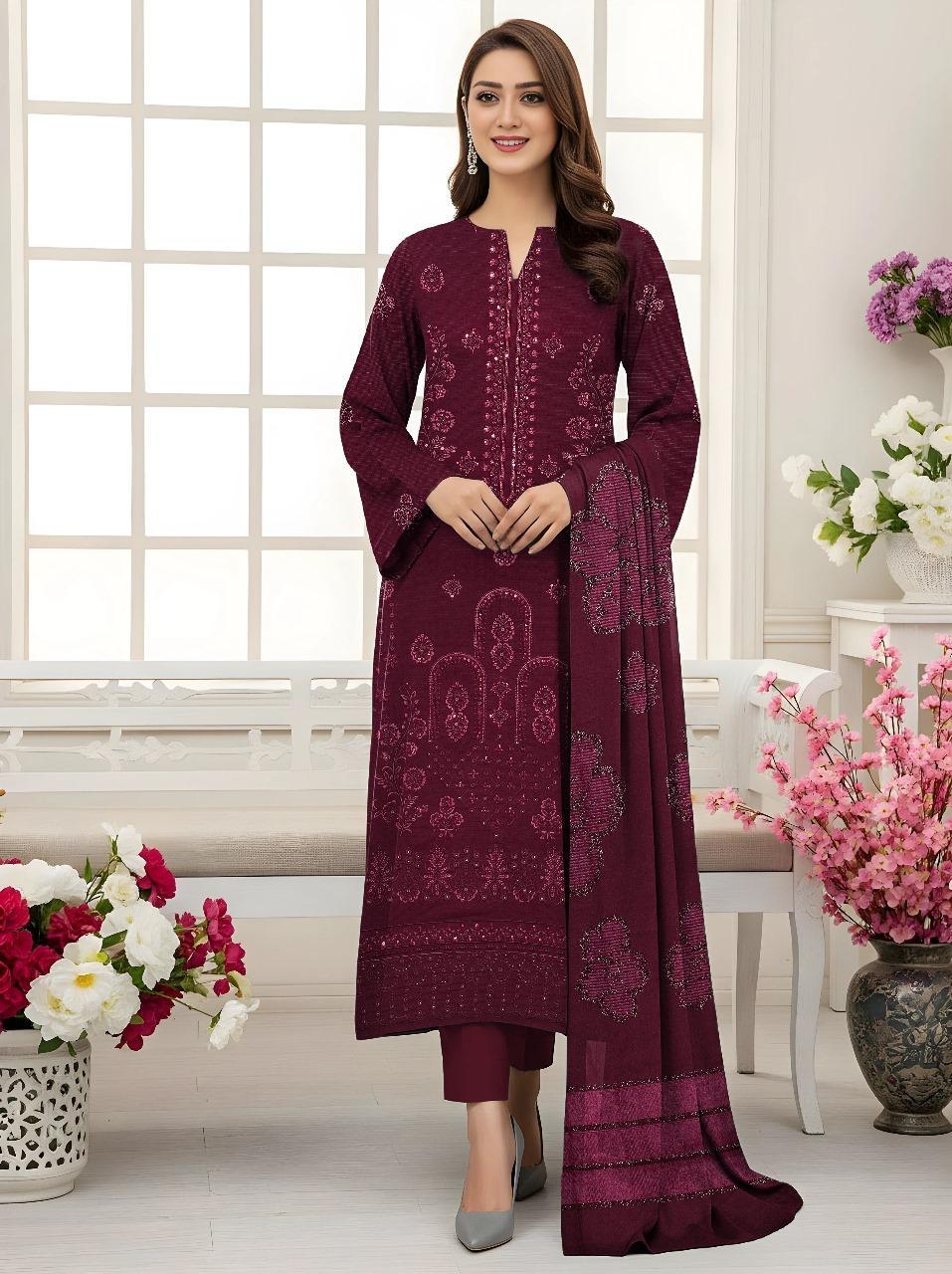 3 Pcs Women's Unstitched Plain Suit
