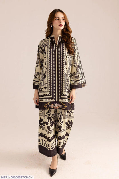 2 Pcs Women's Stitched Swiss Lawn Printed Shirt And Trouser