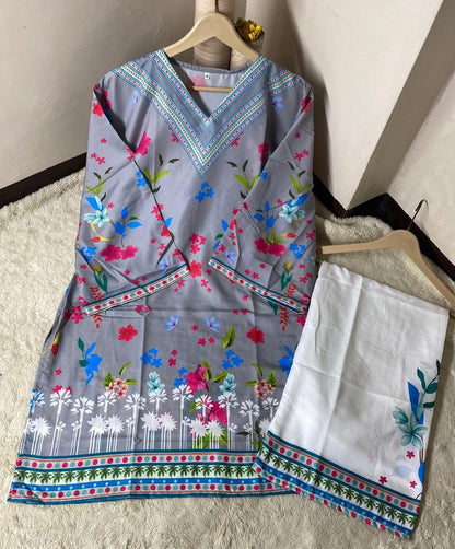 2 Pcs Women's Stitched Swiss Lawn Digital Print Shirt And Trouser